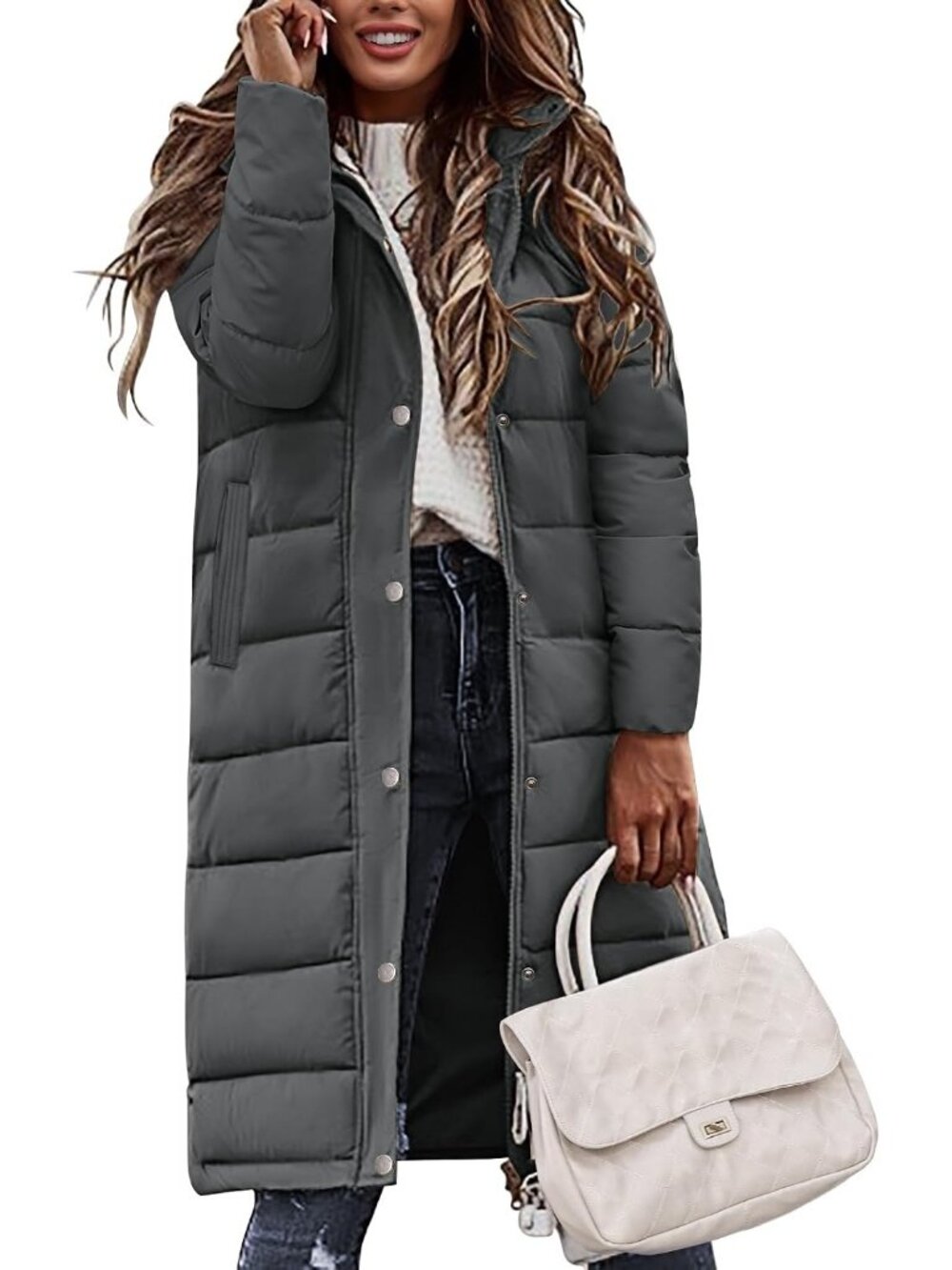 Women's Dark Grey Winter Long Puffer Coat Quilted Warm Jacket with Side Zippers